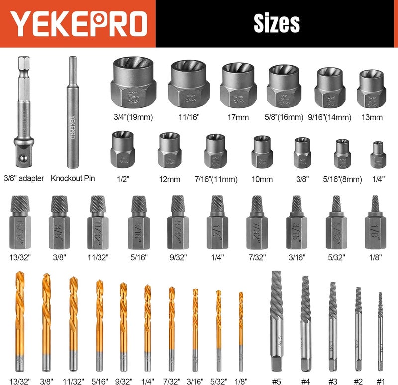 YEKEPRO 40 Pcs Bolt & Screw Extractor Set with Left Hand Cobalt Drill Bit Set, Easy Out Broken Stripped Screw Removal Tool for Damaged, Frozen, Studs, Rusted, Rounded-Off Bolts, Nuts & Screws, T15139 - Image 2